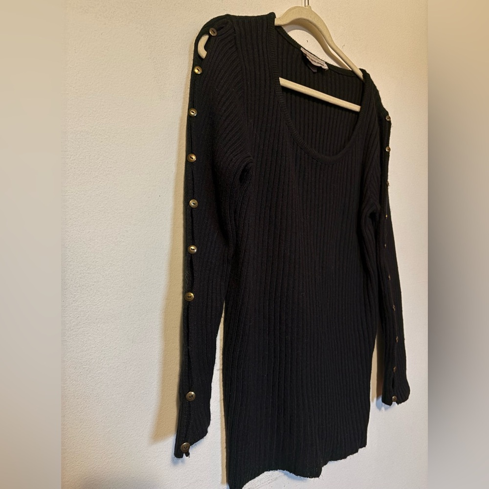 DAVID BENJAMIN Black Wool Sweater with Gold Button Accents and Cut outs Down Arm